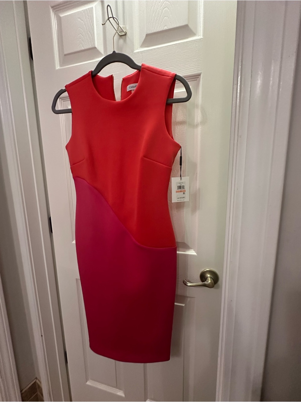 Calvin Klein Coral and Fuchsia Colorblock Midi Sheath Dress - Picture 8 of 10